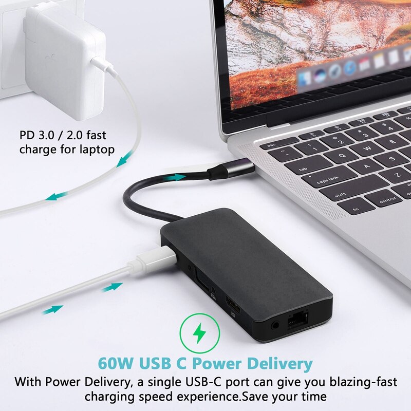 Docking Station 9 in 1 USB C Hub Adapter VGA HDMI Network Port o USB PD Hub for Laptop Mobile Flash Drive and More