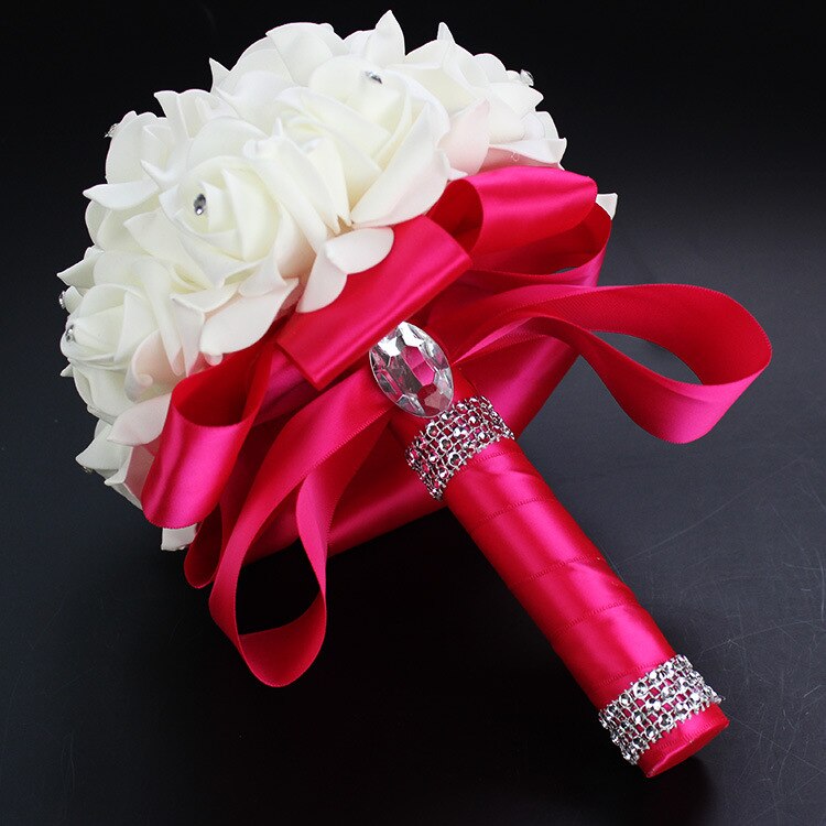 2022 Handmade Tiffany blue Bridal Bridesmaid Flower Wedding Bouquet Artificial Rose Ribbon Crystal Bouquets de noiva Beau: Hot pink