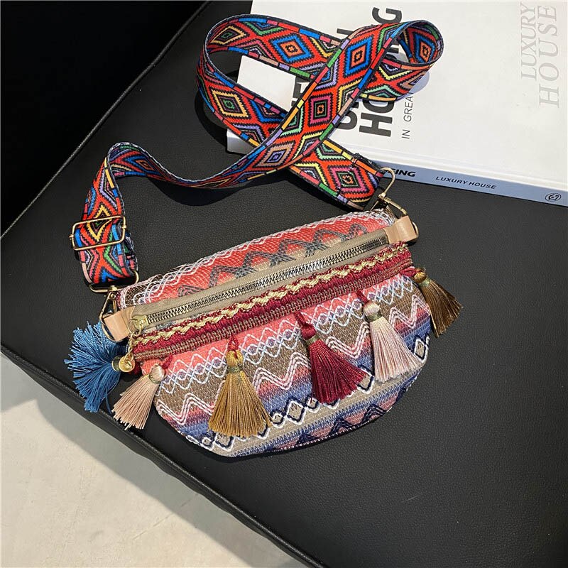Riñonera de estilo étnico para mujer, bolso de cintura con correa ajustable de Color variado, con decoración de flecos, bandolera informal para el pecho, novedad
