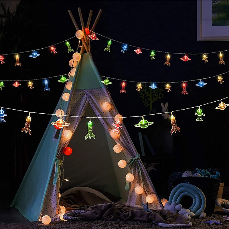 Guirlande lumineuse fusée planète 1.5m 3m, astronaute, alimenté par batterie, galaxie, décor de fête d&#39;anniversaire et de noël pour enfants