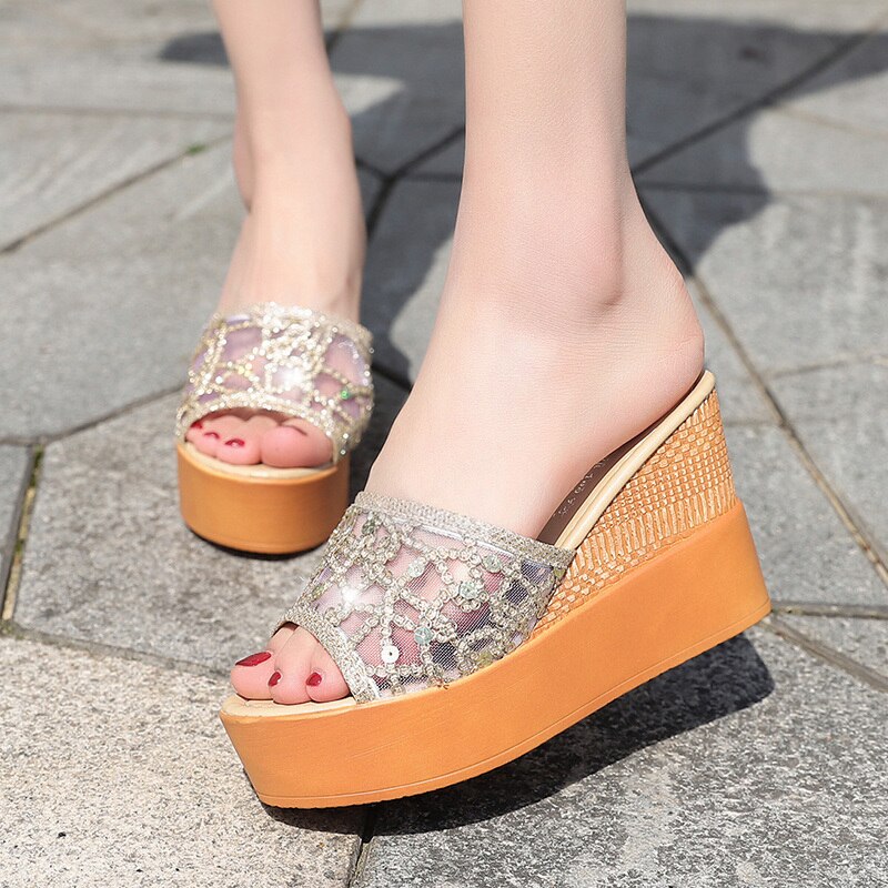 Sandalias con punta de plataforma abierta para mujer, zapatillas de cuña alta con lentejuelas, doradas y plateadas, tacones de plataforma para playa de verano