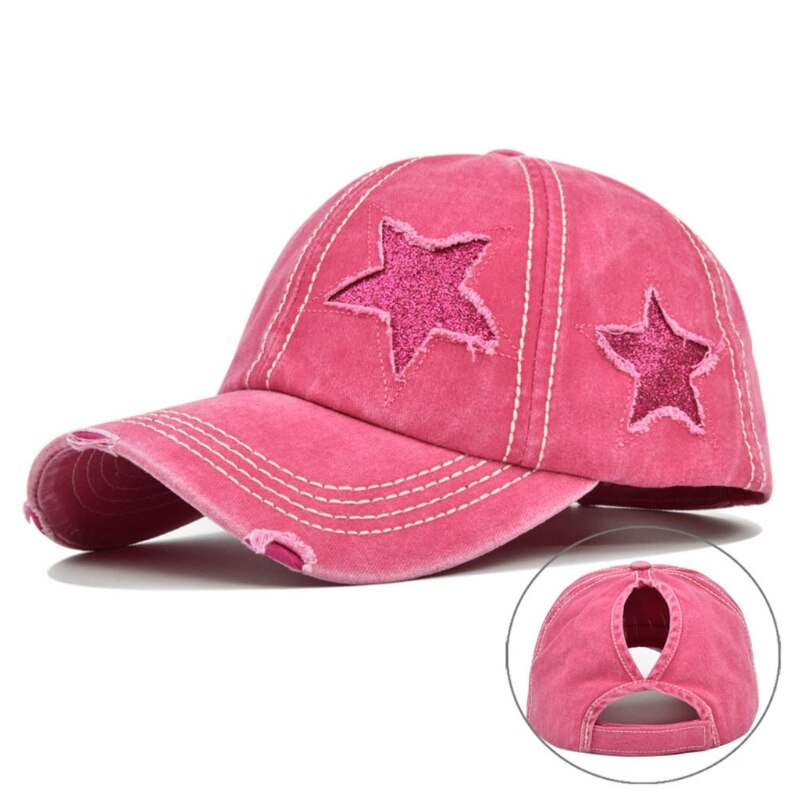 Vrouwen Gewassen Baseball Cap Glitter Ster Borduurwerk Verontruste Paardenstaart Gat Hoed