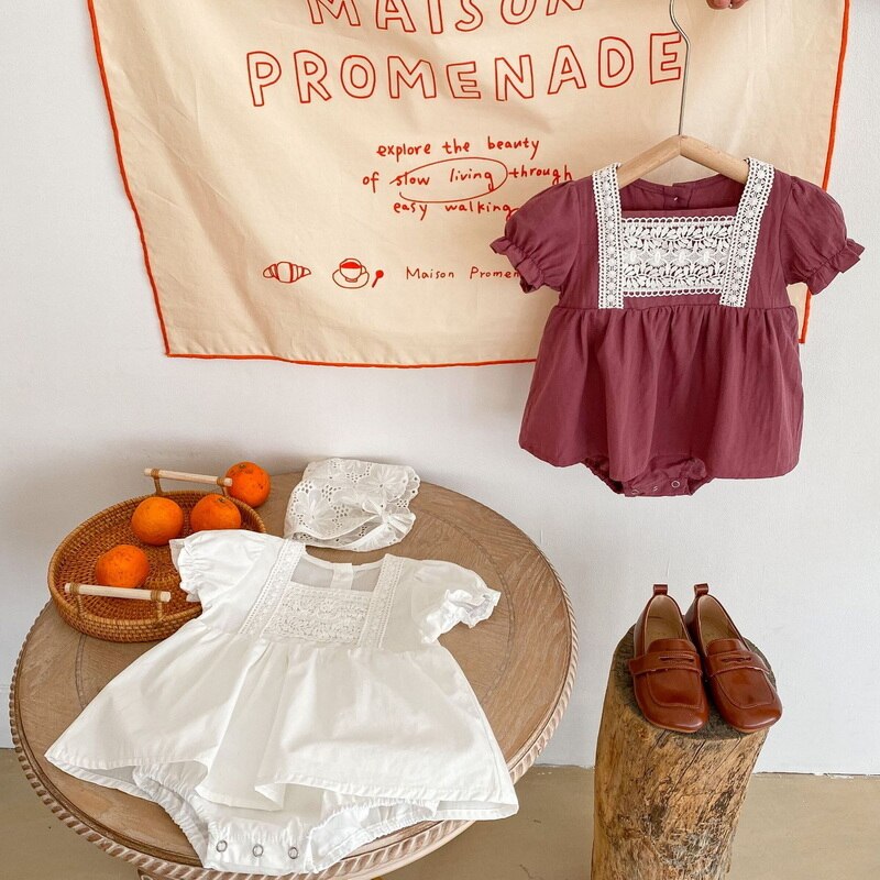 Body d&#39;été pour bébé fille, col carré, blanc, violet, manches bouffantes, dentelle, vêtements en coton pour enfant, 2022, E2042