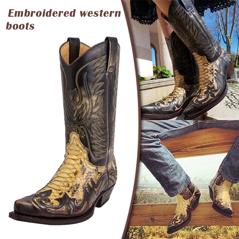 Python Western Boot Colorblock Embroidery Men Boots Modern Shoes A66