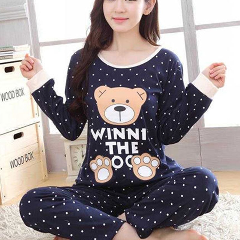 Pijamas cálidos de franela de Otoño Invierno para mujer conjuntos de ropa de dormir de manga larga suave con lindo patrón de oso
