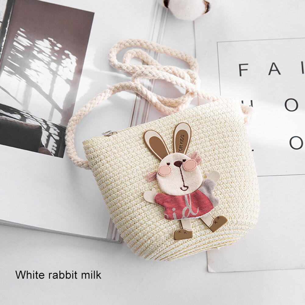 Girls Mini Handbag Handmade Straw Tote Large Capacity Summer Beach Shoulder Bag Party Shopping Best -WT: White rabbit