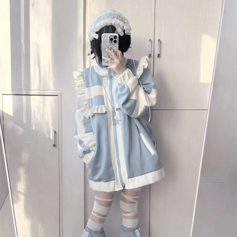 Japanischer Mantel für Damen, Patchwork, langärmelig, übergroß, Oberbekleidung, Y2k-Spitzen, Adrette, lässige , Rüschen, Lolita, Y2k-Jacken: L