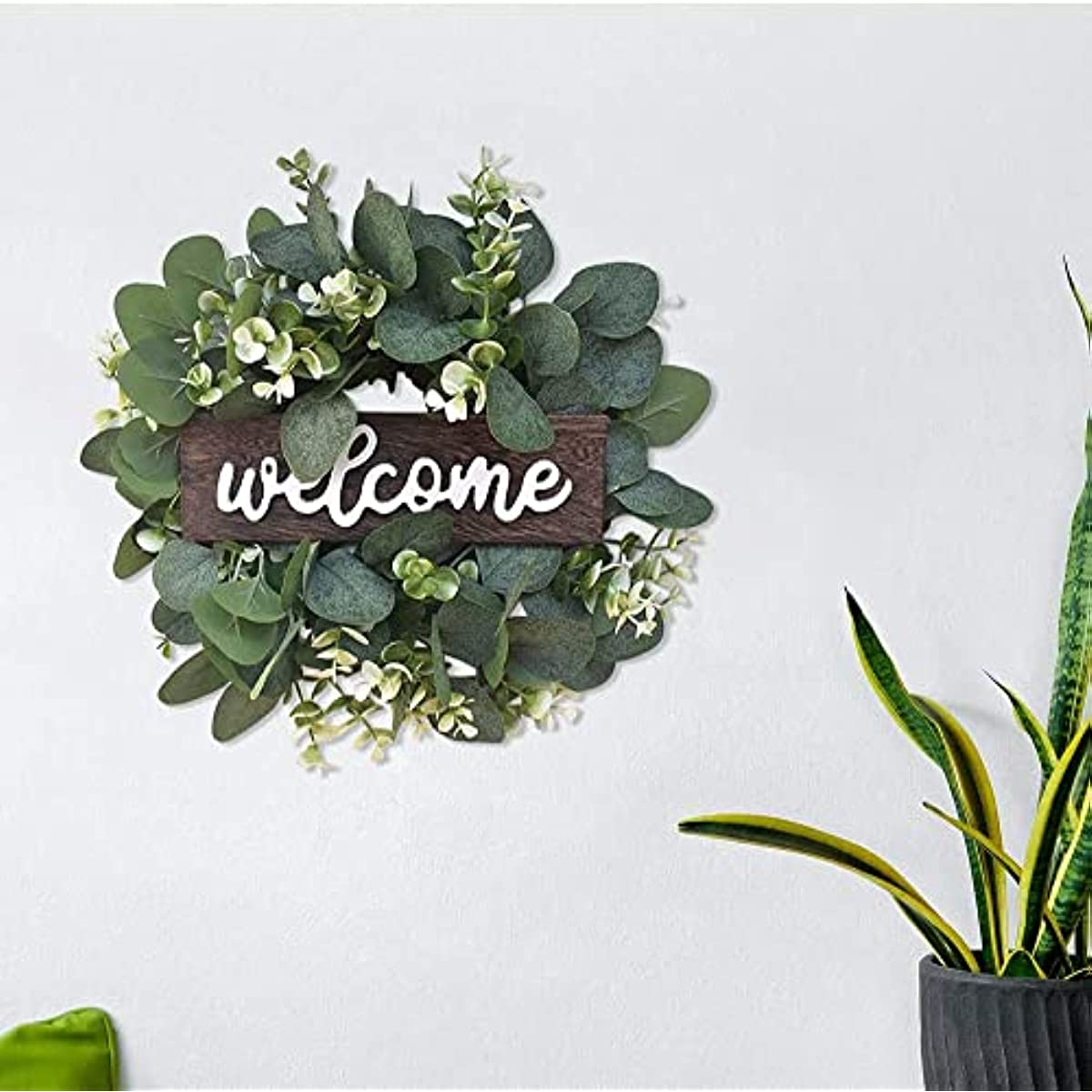 Green Eucalyptus Wreath with Welcome Sign Artificial Eucalyptus Wreath Spring Summer Wreath with White Berries for Front Door