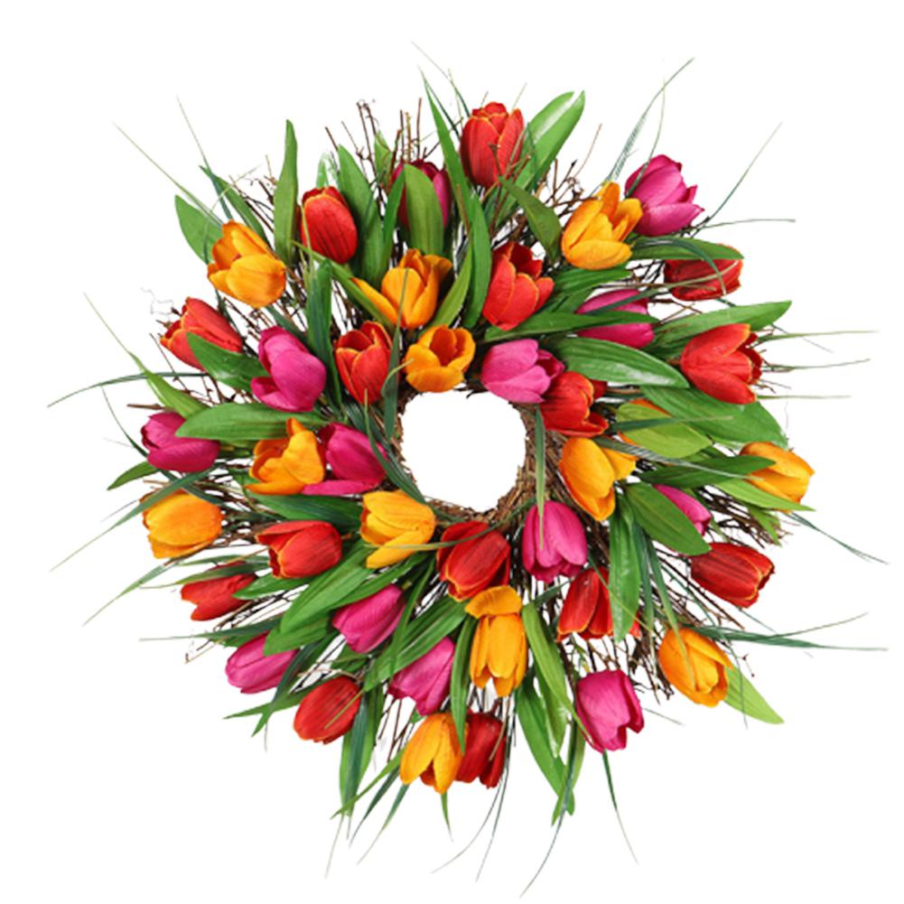 MeterMall Artificial Tulip Wreath Home Door Hanging Summer Decorative Garland: Orange / 40CM