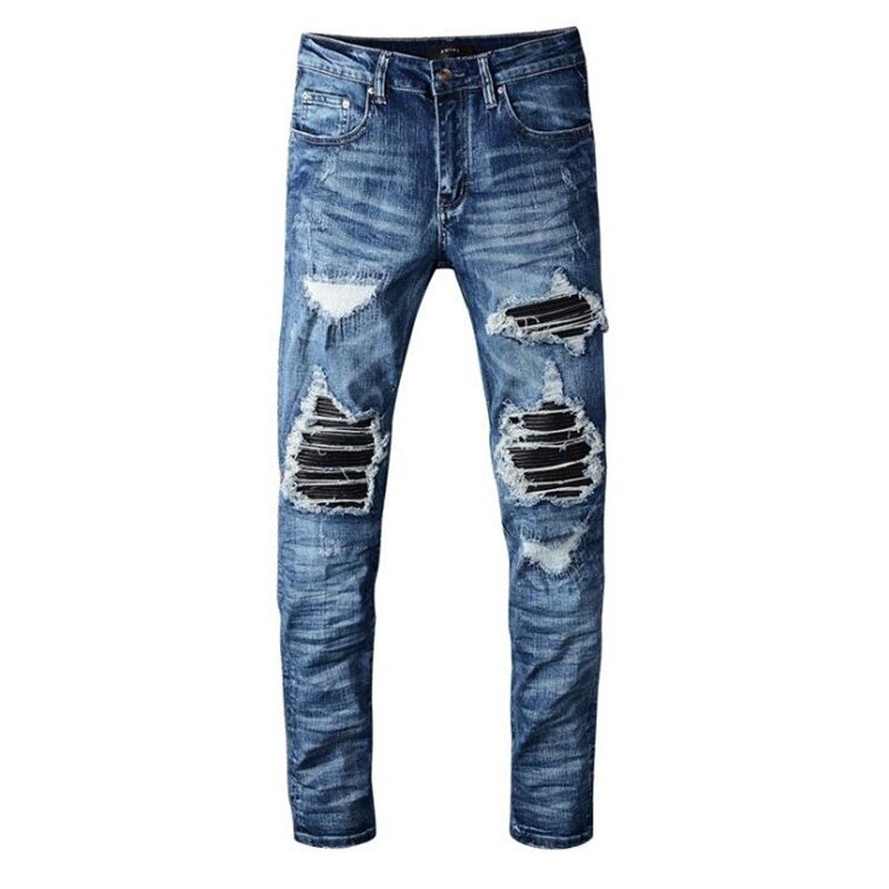 Men's PU leather patchwork ripped biker jeans Patch slim skinny stretch denim pants