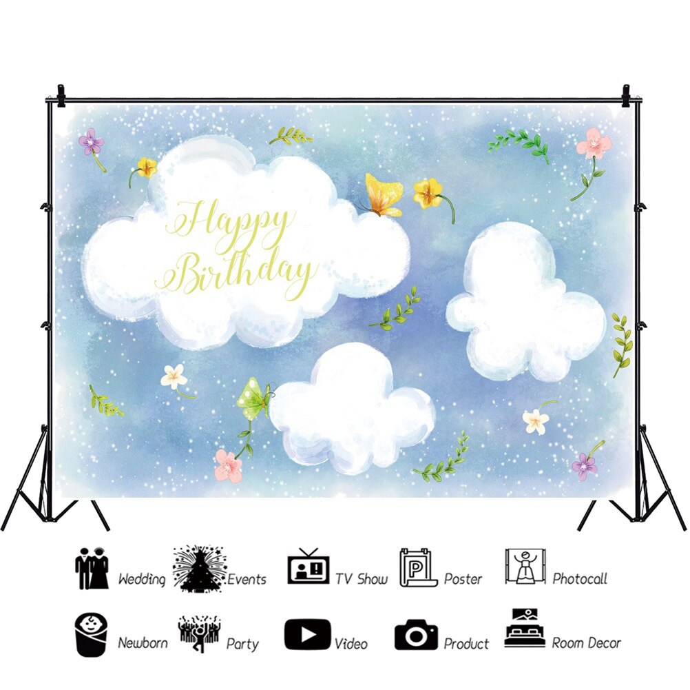 Cartoon White Clouds Happy Birthday Photography Background Photo Booth Studio Decor