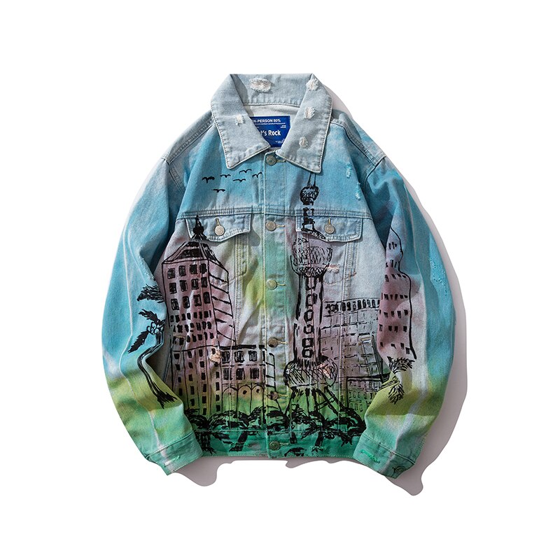 Hip Hop Printed Denim Jackets Mens Streetwear Ripped Denim Jacket for Men Fashionable Men&#39;s Clothing Jackets and Coats
