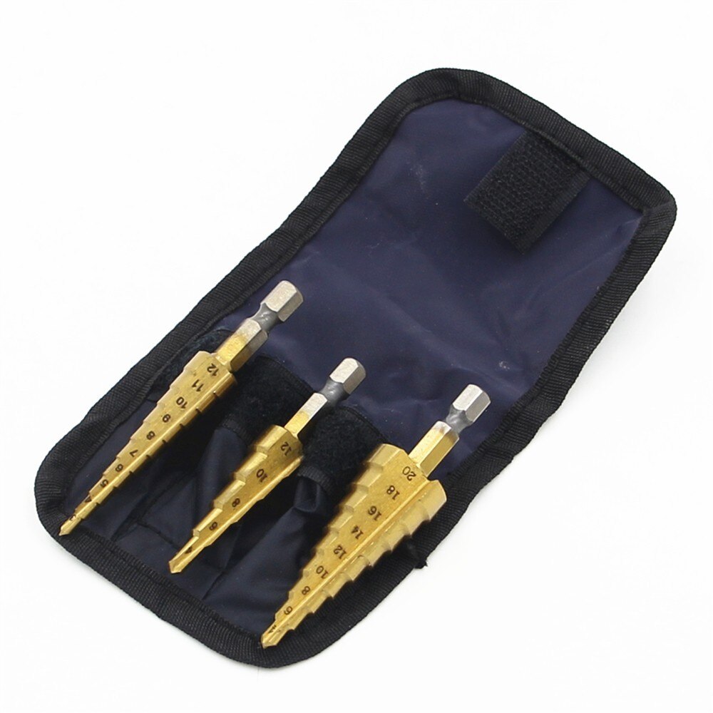 3pc Hss Step Cone Taper center stepped Drill bits Set Metal Hole saw Cutter Metric 4-12/20/32mm 1/4" Ti Coated Metal Hex tools: Default Title