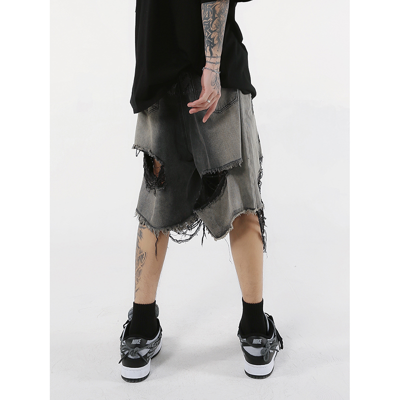 Black Washed Destroyed Denim Jeans Shorts Baggy Streetwear Swag Ripped Jeans for Men Hip Hop Distressed Biker Wide Jeans