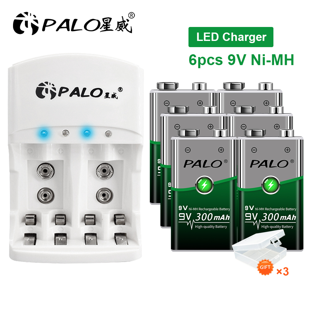 PALO 9V 300mAh NiMH Rechargeable Battery +LED Lndicator Light Charger for Ni-MH Ni-Cd AA AAA 9 Volts Batteria Crown Krone: green