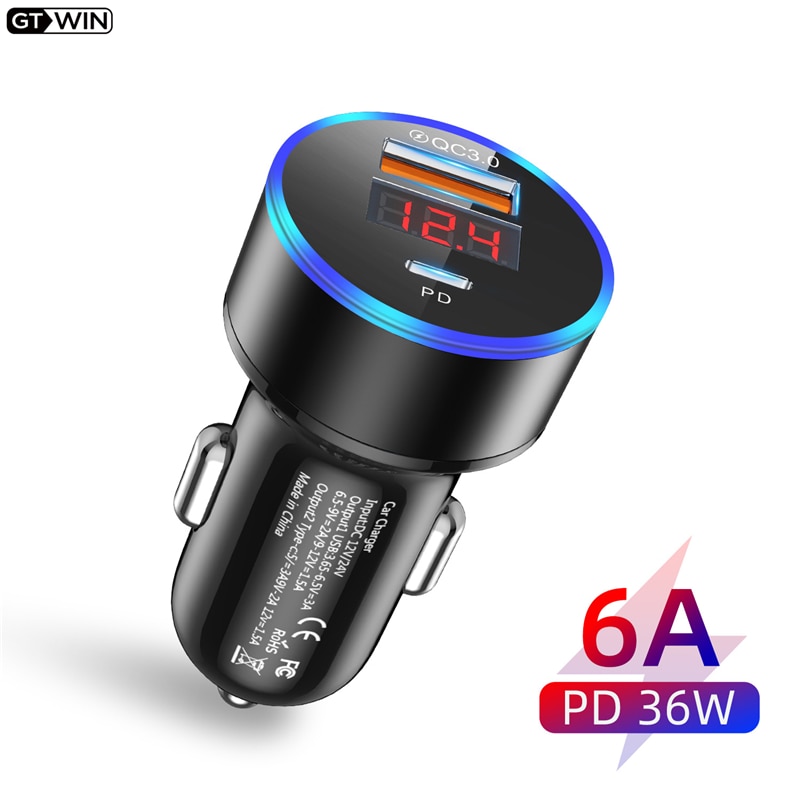 Gtwin 36W Metalen Dual Usb Autolader Digitale Display Usb C Pd Autolader Voor Samsung Note 20 Ultra s20 Telefoon Auto Fast Charger