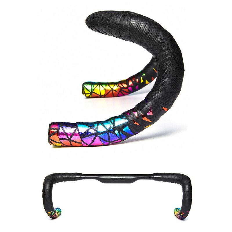 Landevejscykel styrtape eva pu cykelstang tape reflekterende regnbuedæmpende anti-vibrationsindpakning med 2 bar stik
