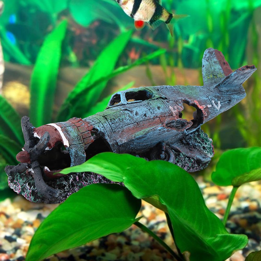 Aquariumdecoratie voor vissen, kunstmatig beschadigd vliegtuigaquarium, aquariumornament, landschapsdecoratie, aquatische huisdierenbenodigdheden