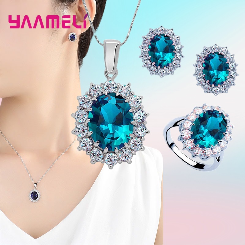 Conjuntos de joyas de plata de ley 100% auténtica para mujer, joyería de compromiso de boda, clásico de flores ovaladas, cristal de circonita cúbica brillante 925