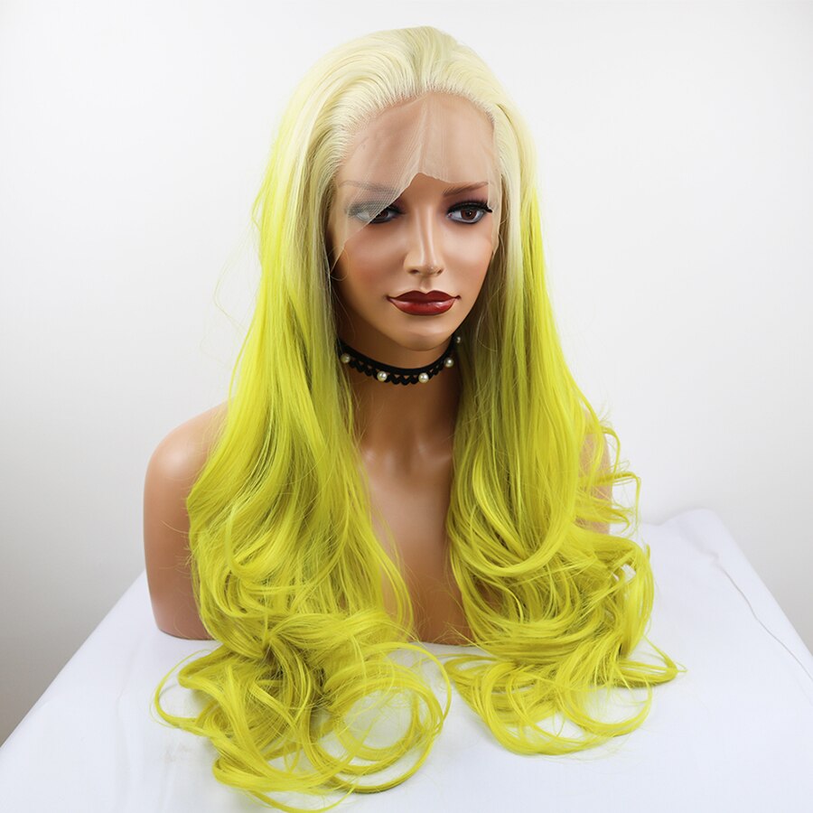 Perruque Lace Front Wig ondulée synthétique | Perruque blanche à verte ombrée en Fiber de haute température, cheveux mi-mains attachés à la main, perruque de maquillage quotidienne pour femmes