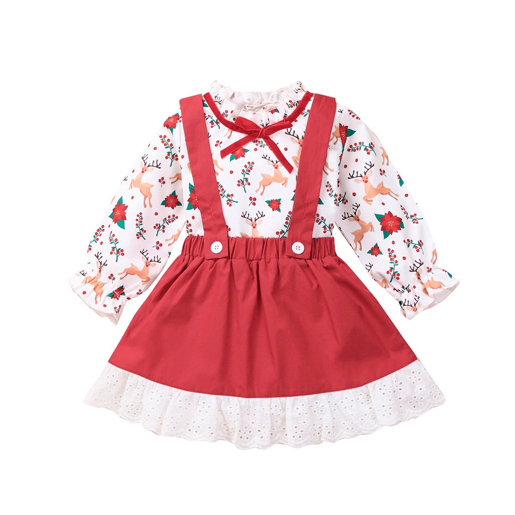 Jeunes filles adolescentes à manches longues de noël nœud papillon hauts + dentelle bord jarretelle jupe ensemble roupas de menina