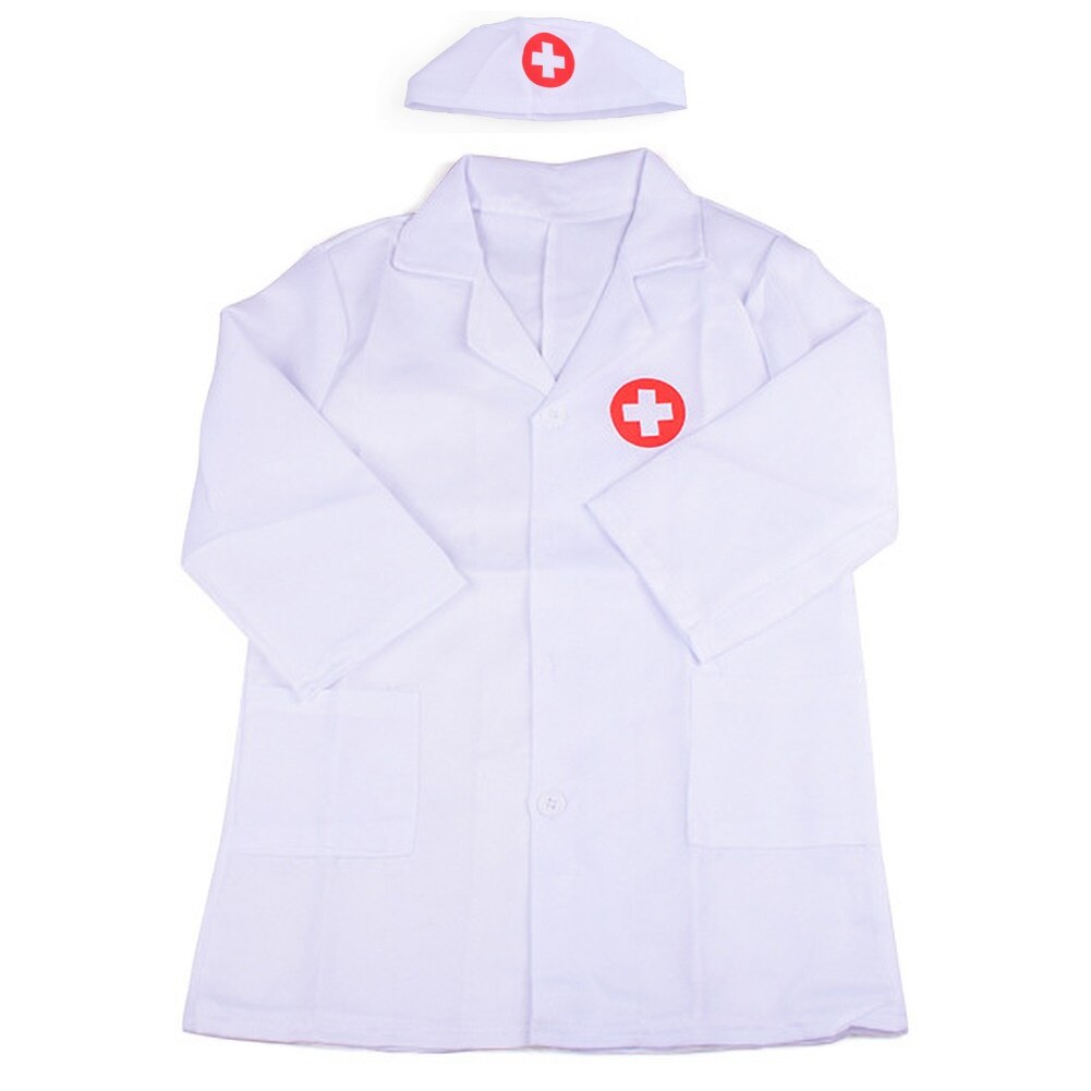 Langærmet læge sygeplejerske cosplay uniform hat kostume børn foregiver lege legetøj sæt børn interaktivt spil: Hvid