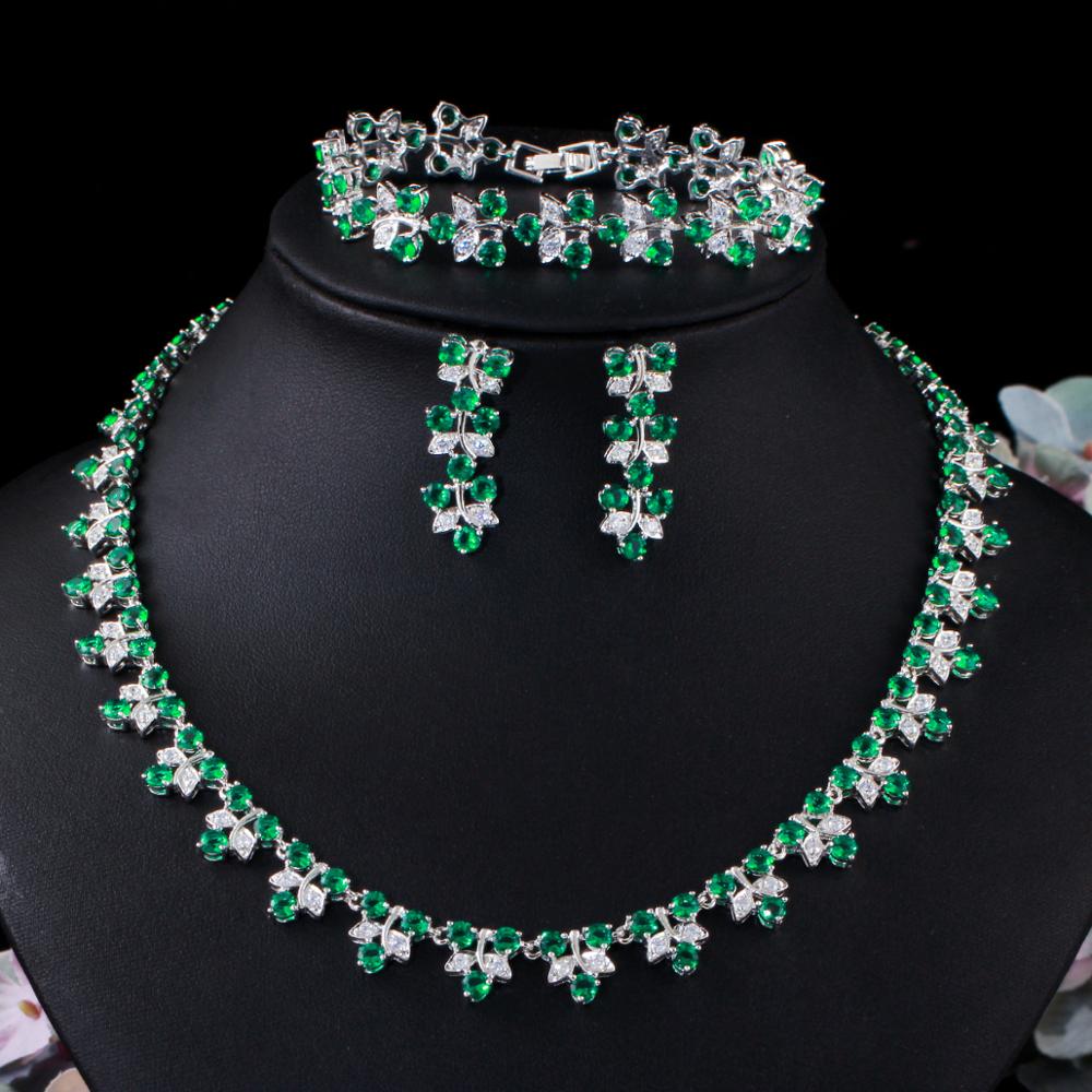 CWWZircons Luxury Dubai Nigeria Green CZ Crystal Wedding Prom Necklace Jewelry Set for Brides Party Costume Accessories T477: green