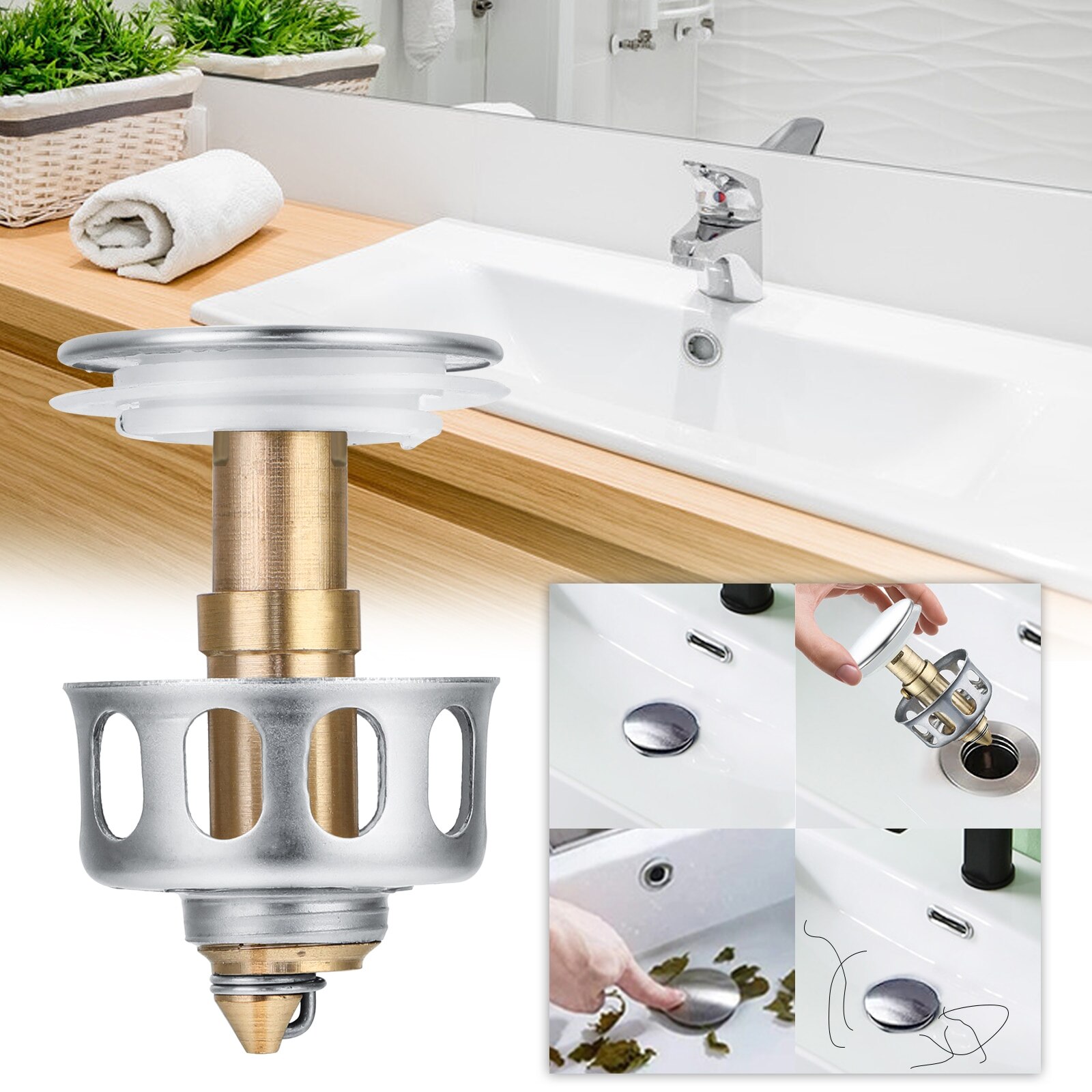 Wash Basin Bounce Drain Filter Universal Stainless Steel Push-Type Bounce Core Leaking Plug Accessories Kitchen Sink Seal Draine