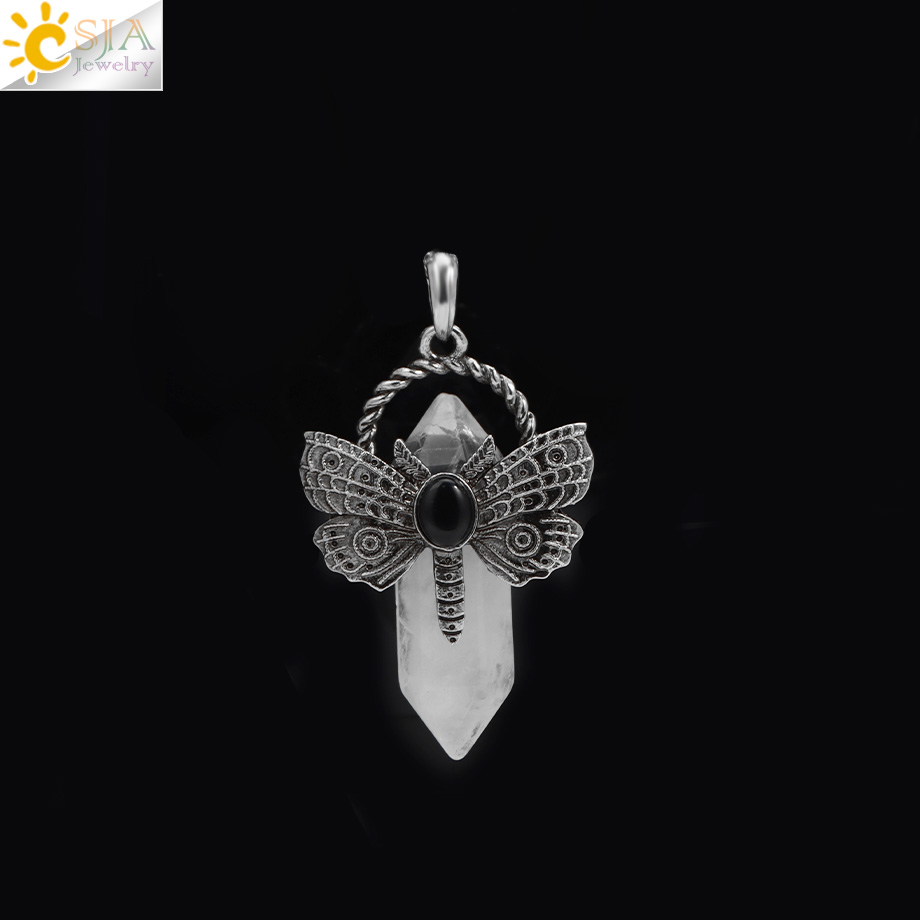 Collar de libélula, colgante de cristal de piedra Natural, fluorita curativa, labradorita, cristal blanco, labradorita, amatistas, joyería H479: Chapado en zinc blanco y azul