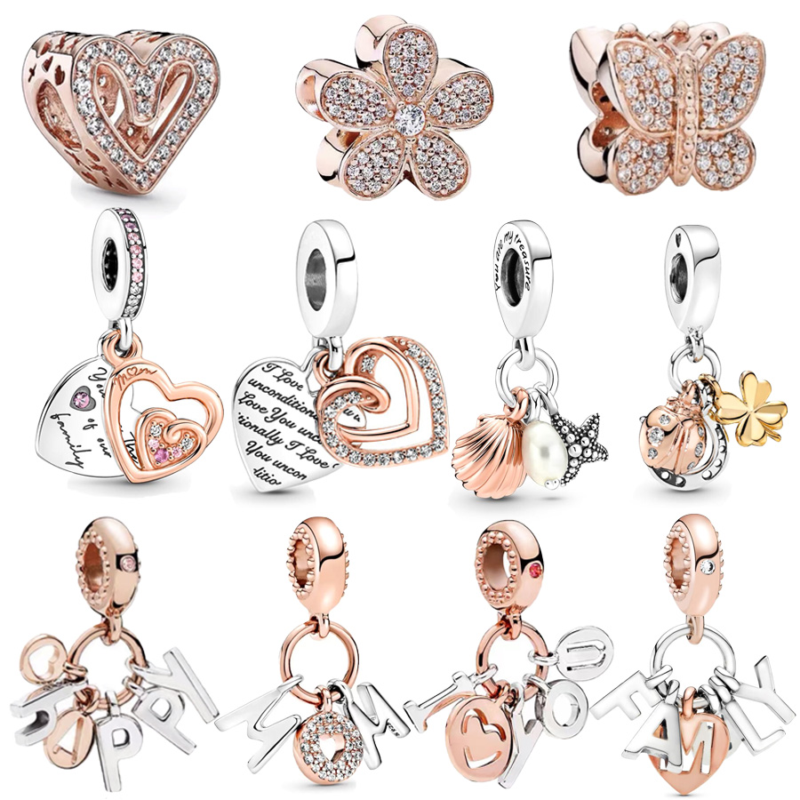 Ciondolo con doppio pendente a forma di cuori intrecciati scintillanti, adatto per bracciale originale europeo in argento sterlina 925, regalo di gioielli da donna pregiati fai da te