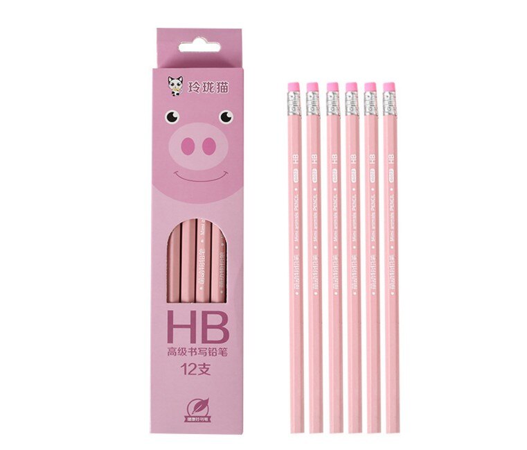 12pcs/pack Cartoon Animal Pig Animals HB Standard Pencil With Eraser Kids Office School Writing Pen Touch Stationery Supplies: 3