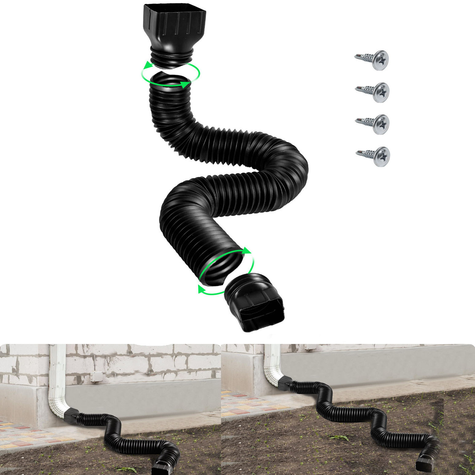 Förlängningar till stuprör för regnrännor, flexibelt avlopp, stuprörsförlängare, koppling, tillbehör till regnvattenavloppssystem, justerbart: Svart