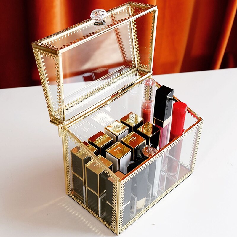 Boîte de rangement de maquillage doré boîte de rangement étui cosmétique en verre pour rouge à lèvres soins de la peau vernis à ongles présentoir de parfum
