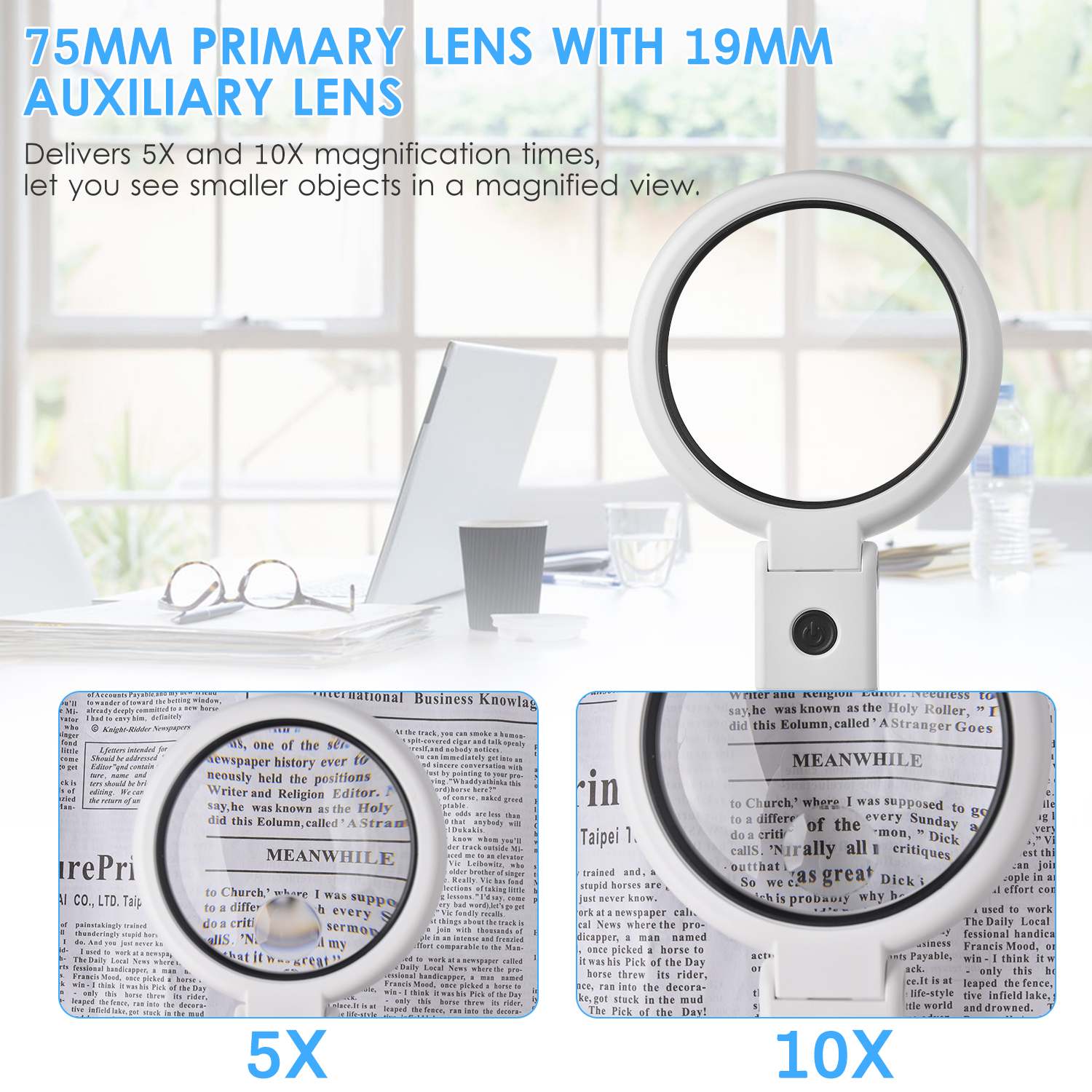 5X/10X Handheld Desk Magnifier with LED Light and Stand USB Powered Illuminated Magnifying Glass for Crafting Clock Watch Repair