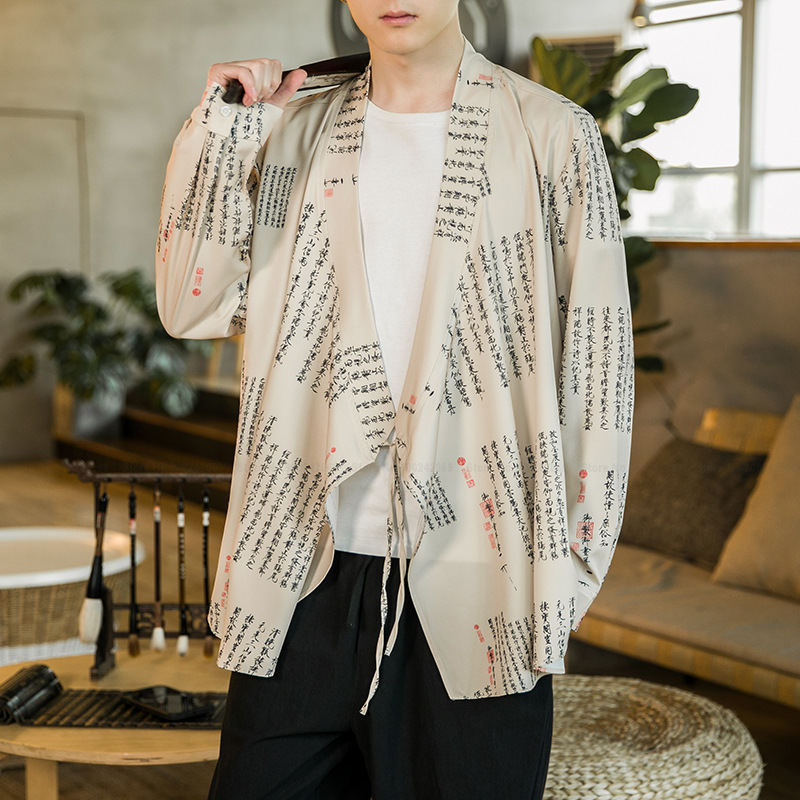 Tops con palabras de poetría china de estilo tradicional para hombres, cárdigan informal suelto con estampado Hanfu, camisas de Oriental, ropa de calle