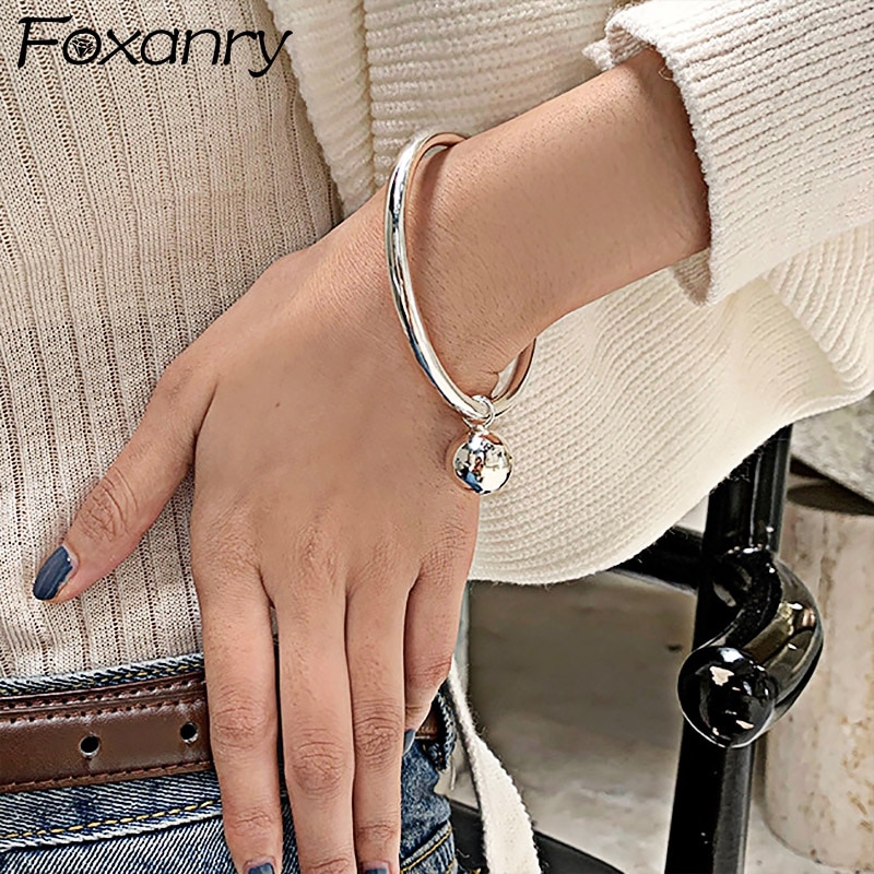 Foxanry Minimalistische 925 Sterling Zilver Glossy Armband Voor Vrouwen Trendy Creatieve Bal Hanger Partij Sieraden