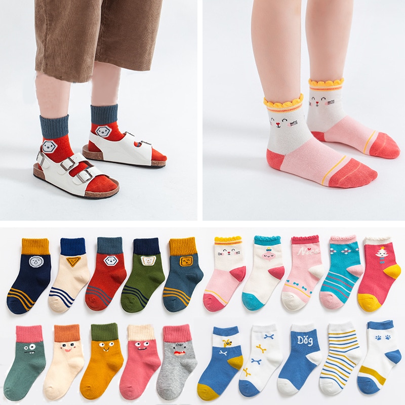 5Pcs Kinderen Sokken Herfst En Winter Sokken Kinderen Cartoon Sokken Jongens En Meisjes En Najaar Vloer sokken Baby Sokken