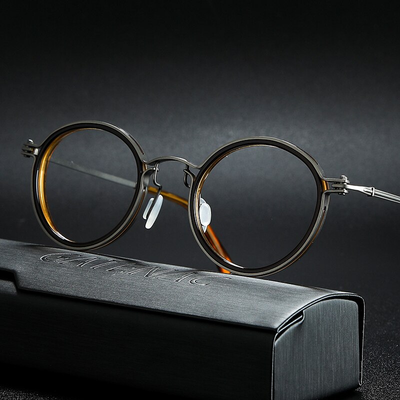 Vintage Titanium Brillen Frame Mannen Ronde Bijziendheid Bril Vrouwen Retro Optische Luxe Brilmontuur Brillen: Brown