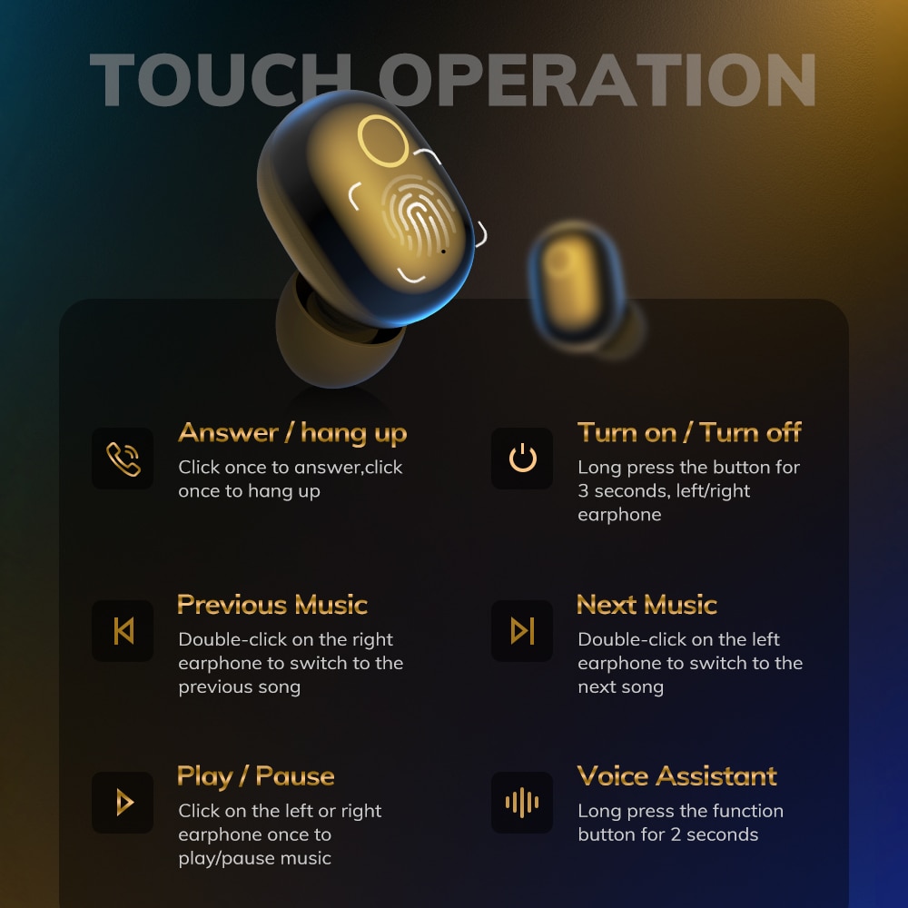 TOPK T10 Wireless Bluetooth Headphones V5.0 Fingerprint Touch Control Bluetooth Earphones with microphone 2000mAh Charging Box