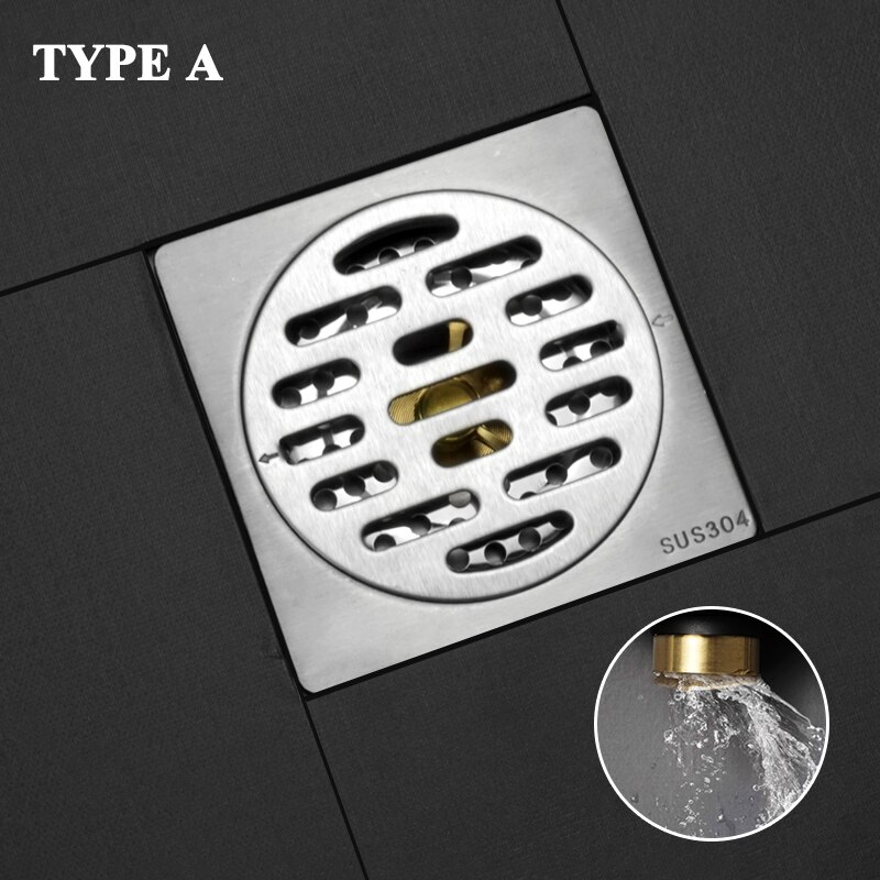 Desagüe de suelo de acero inoxidable SUS304 para cocina y baño, rejillas cuadradas duraderas para residuos, desagües de ducha de baño, 10x10 CM: Type A