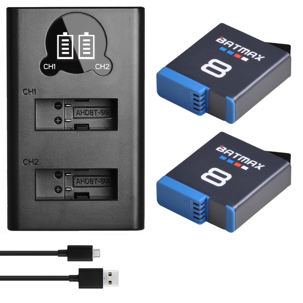 Batmax til gopro hero 8 hero 7 hero 8 6 hero 5 sort batteri akkus + usb lcd -oplader type c til go pro hero 8 kameraer: 2pc sæt