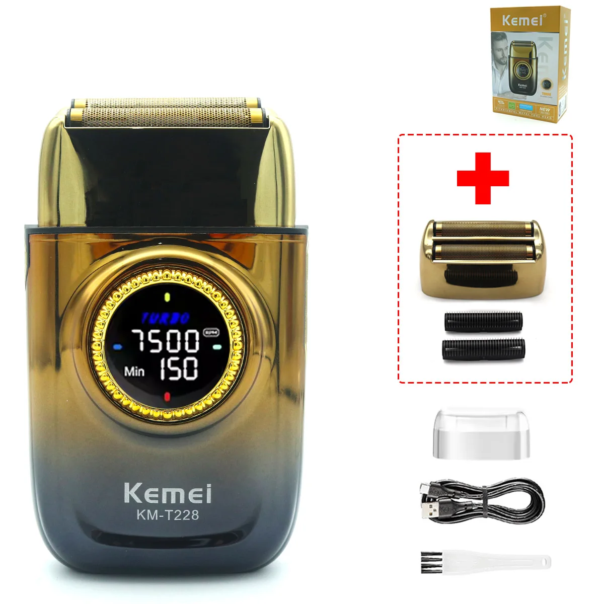 Kemei KM-T228 Men's Shaving Machine LED Display Double Foil Cordless Oil Head USB Electric Shaver Foil Male: Brown