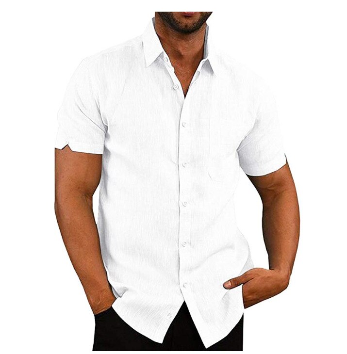 Luxe homme manches courtes col rabattu chemises décontractées amples lin hauts type chemisier poche poitrine noir blanc gris bleu: WHITE / XXL
