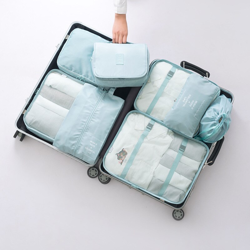 8Pcs/set Large Capacity Luggage Travel Bag Clothes Underwear Cosmetic Storage Bag Baggage Packing Suit Organizer Wash Bags: Blue