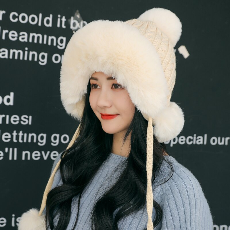 Women's thick hat hairballs a women's winter thick knitted plush hat earmuffs collar soft warm beanie hat scarf