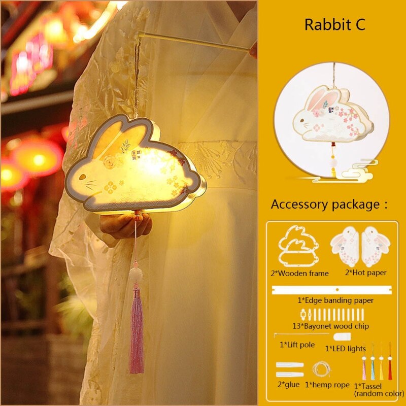 Mid-Autumn Festival DIY Handmade Wooden Lantern Material Package with LED Light Cute Rabbit Shape Hanging Lamp Decor Lantern