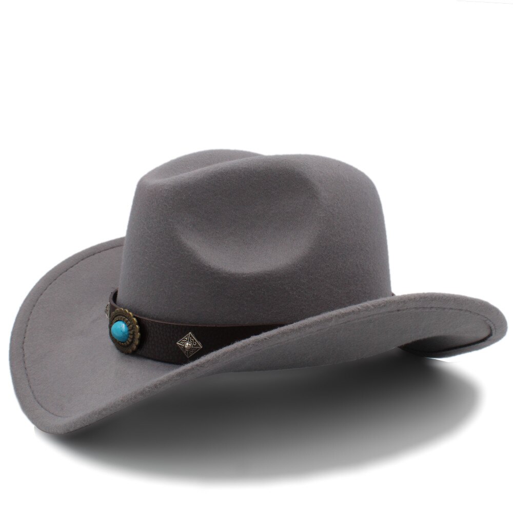 100% lana Sombrero de Cowboy del oeste para hombres Otoño Invierno Jazz ecuestre Sombrero Hombre Steampunk Sombrero tamaño de tapa 56-58cme: Gray