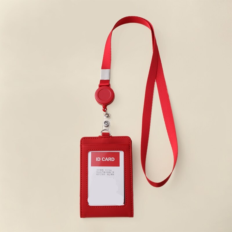 1pc Retractable Badge Lanyard Work Name Business Card Cover Card Holder PU Leather Card Wallet: Red