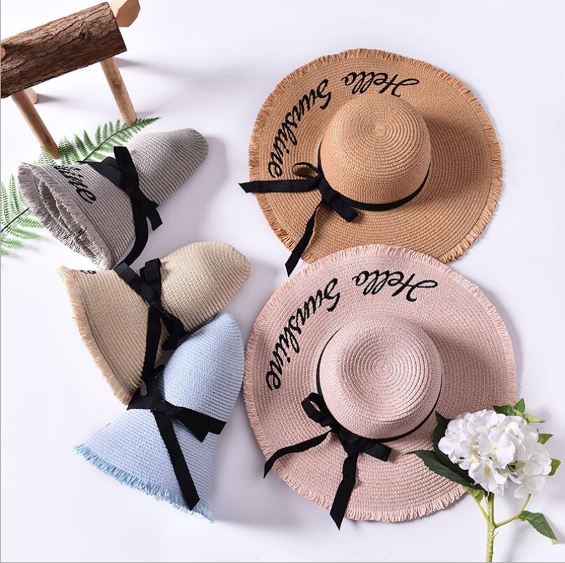 Håndlavet vævning brev sol hatte til kvinder sort bånd snøre op store randen stråhat udendørs strand hat sommer hætter chapeu feminino