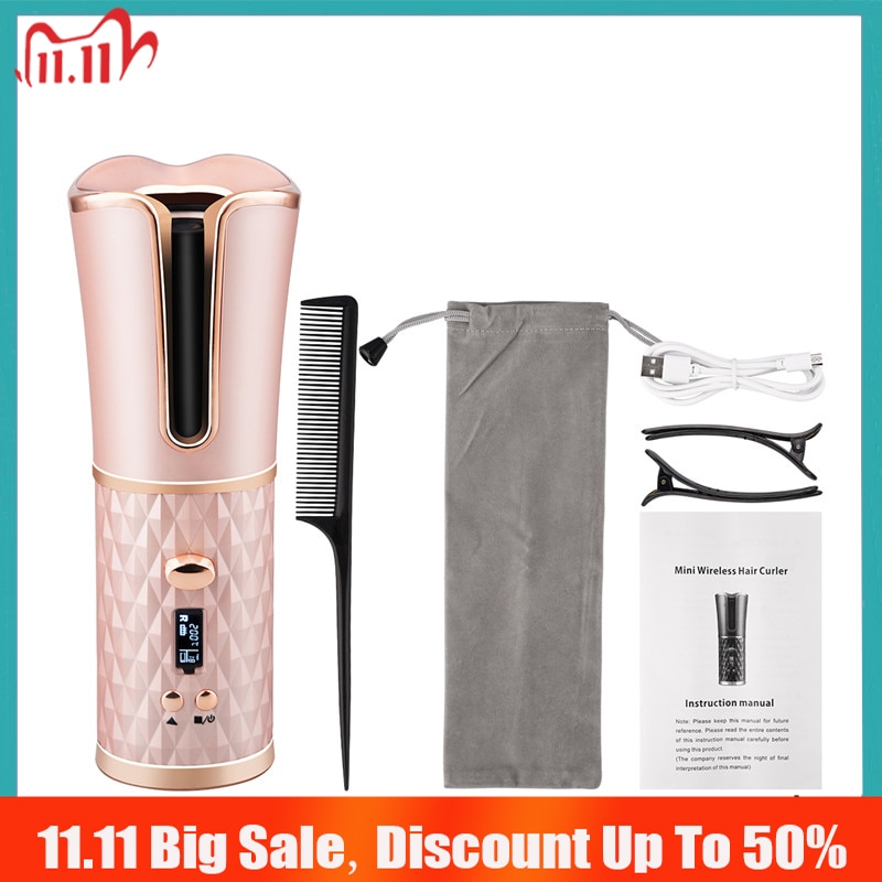 Rizador de pelo inalámbrico automático, plancha de cerámica giratoria, inalámbrica, recargable por USB, rizador Digital LCD